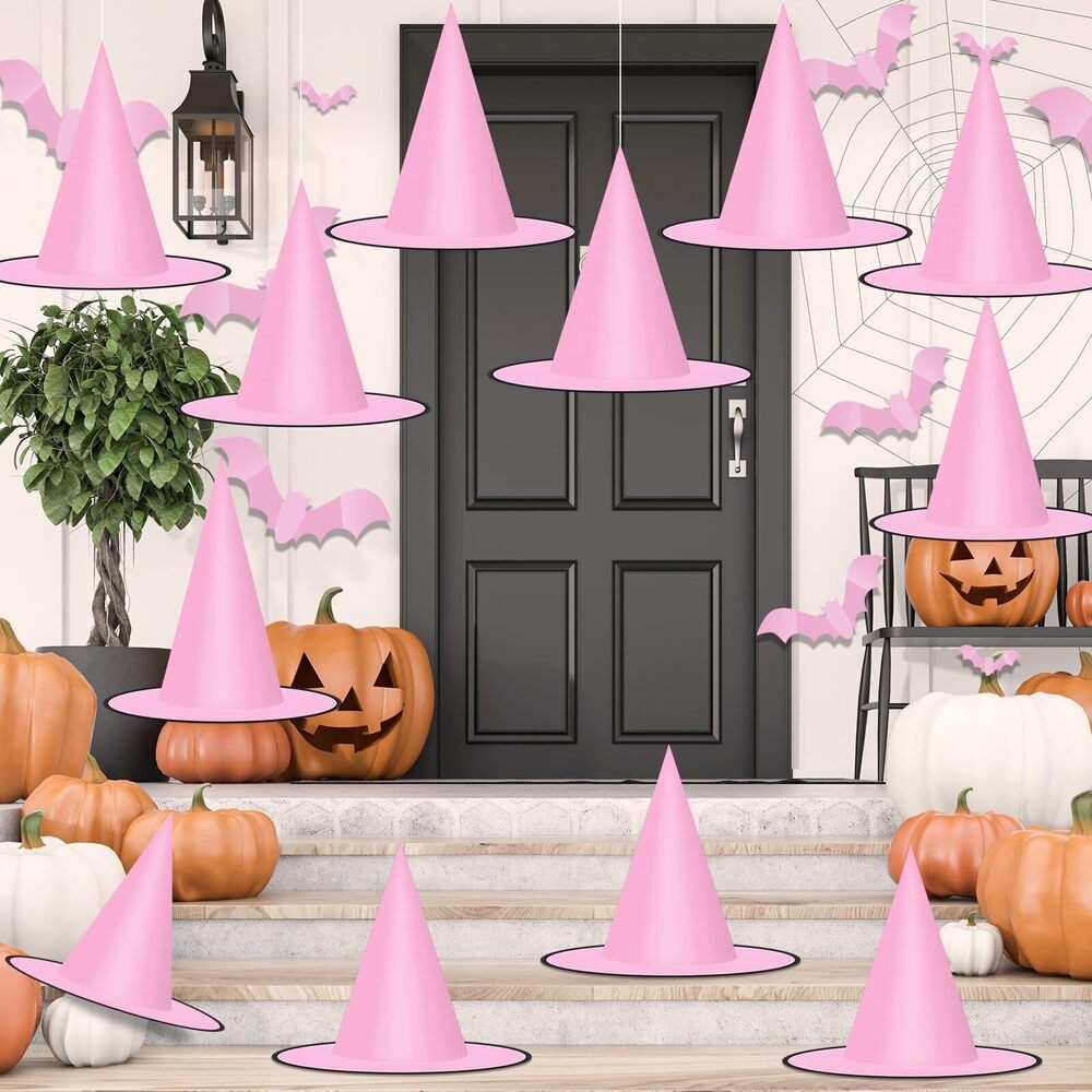 3086 12Pcs Halloween Witch Hats Decorations,24Pcs 3D Bats Stickers Pink